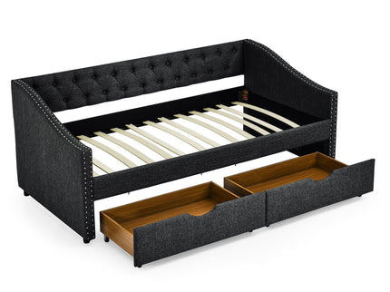 Upholstered Tufted Daybed With 2 Drawers, Waved Arms