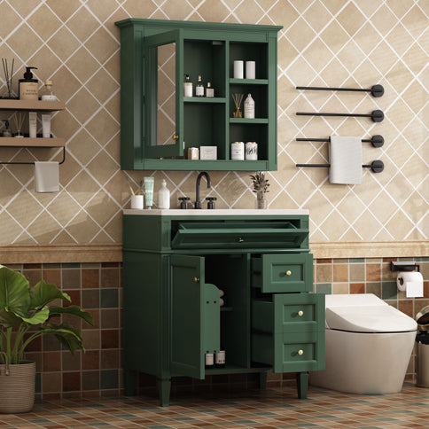 Bathroom Vanity With Top Sink, 2 Doors And 3 Drawers, Freestanding Set With Mirror Cabinet