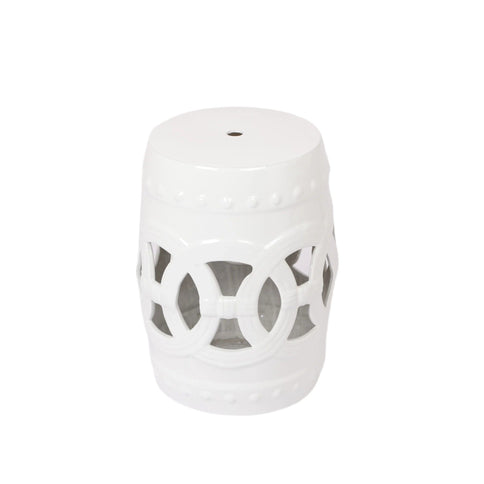 Elegant Glazed Ceramic Drum Stool Indoor / Outdoor Side Table Accent Garden Stool - White