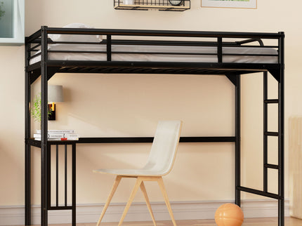 Twin Metal Loft Bed With Desk, Ladder And Guardrails, Bookdesk Under Bed - Black