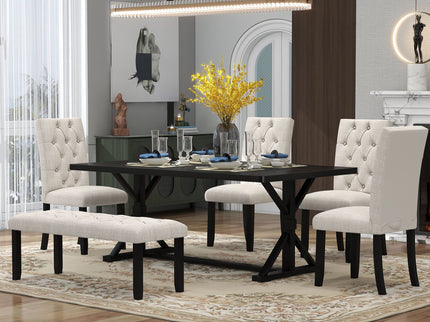 6 Piece Dining Table Set With Rectangular Wood Table, 4 Upholstered Chairs, Bench