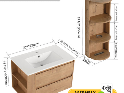 Modern Wall Mounted Bathroom Vanity With Ceramic Sink And Storage Rack, 2 Soft Close Drawers