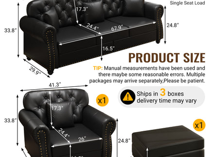 Upholstered Sofa With Nailhead Trim, Rolled Armrests With Ottoman