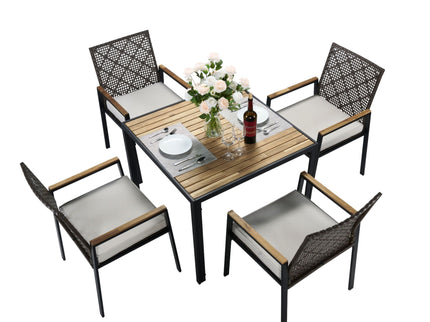 5 Piece Patio Dining Table Set, Acacia Wood Table Top With Umbrella Hole