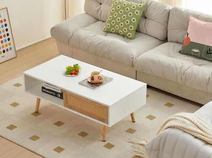 41.34" Rattan Coffee Table, Sliding Door For Storage, Solid Wood Legs, Modern Table For Living Room