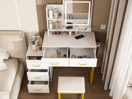 Elegant Makeup Vanity With Led Lights & Power Outlet - White