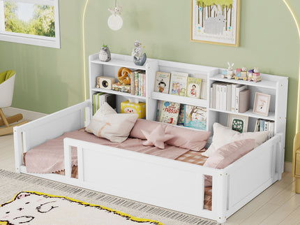 Platform Floor Bed With Guardrail Fence And Side Storage Shelves