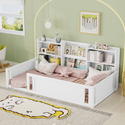 Platform Floor Bed With Guardrail Fence And Side Storage Shelves