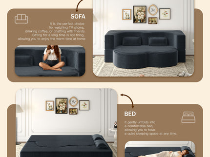 Modern Floor Sofa With 2 Pillows, Convertible Twin Size Folding Mattress For Living Room