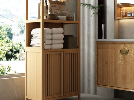 Neutral - Bamboo Storage Cabinet Freestanding With 2 Doors For Bathroom, Living Room, Kitchen, And Entryway - Neutral