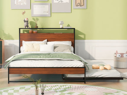 Platform Bed Frame With Trundle, USB Ports And Slat Support, No Box Spring Needed