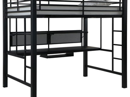 Ranier - Full Workstation Loft Bed, Full Length Desk, Safety Rails And Storage Shelves - Black