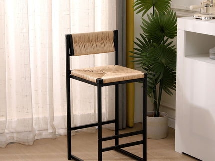 Bar Stools Paper Rope Weave Dining Chairs With Back Hand Weave Stools For Kichen Island, Bar & Counter (Set of 2)