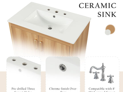 30" Bathroom Vanity With Sink, Cabinet With Doors And Drawer, Rectangular Shape - Natural