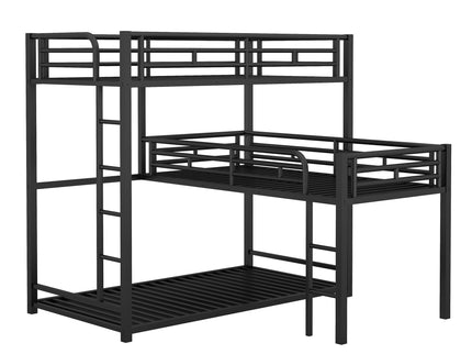 L-Shaped Triple Twin Size Bunk Bed, Industrial Design With Integrated Ladder And Full Length Guardrails - Black