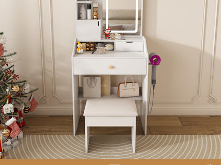 3 Color LED Vanity Mirror With Stool, Dressing Table For Bedroom, 2 Drawers & 5 Storage Cabinets (4 Open + 1 Hidden), Adjustable Lighting - White