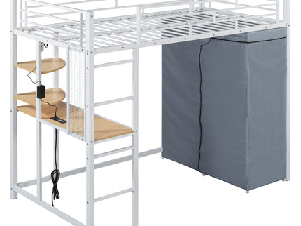 Loft Bed With Desk, Shelves, Power Outlet, LED Light And Wardrobe