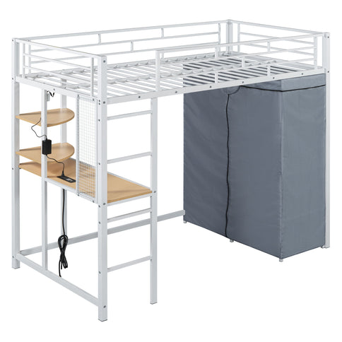 Loft Bed With Desk, Shelves, Power Outlet, LED Light And Wardrobe