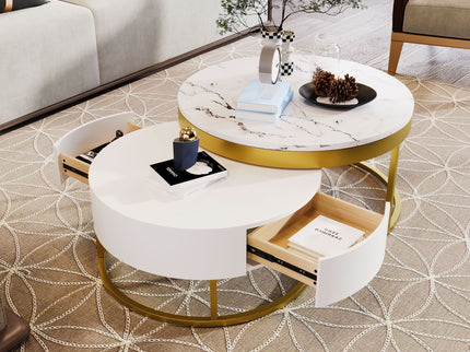 Round Nesting Coffee Table With Drawers - Golden / White