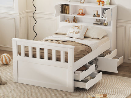 Captain Platform Bed Frame With Storage Bookcases, Shelves, And 4 Drawers
