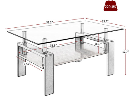 Modern Rectangular Coffee Table With Tempered Transparent Glass Top And Storage Shelf
