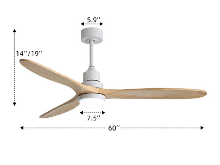 60" DC Motor Ceiling Fan With Light, 3 Blades, 18W LED 3 Color Dimmable With Memory, 6 Speed Lcd Remote Control, Reversible Motor, Timer Setting (1 / 4 / 8 H) - White