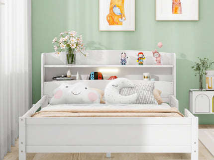 Wood Platform Bed With Built In LED Light, Storage Headboard And Guardrail