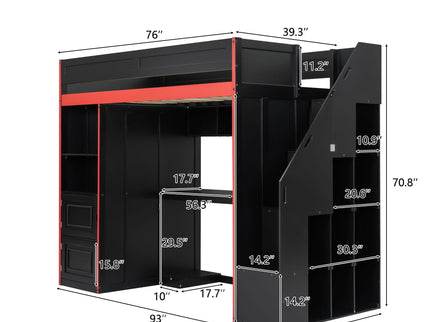 Gaming Loft Bed With Desk And Storage, LED Lights