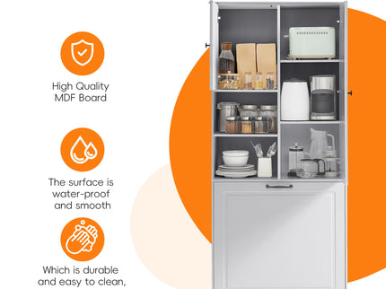 Modern Tall Storage Cabinet With Adjustable Shelves, Flip-Out Basket & Enclosed Doors