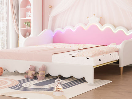 Extending Daybed With LED Lights, Modern Upholstered Princess Daybed With Crown Headboard