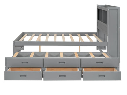 Full Size Platform Bed With Trundle, Drawers, USB Ports And Built In Shelves - Gray