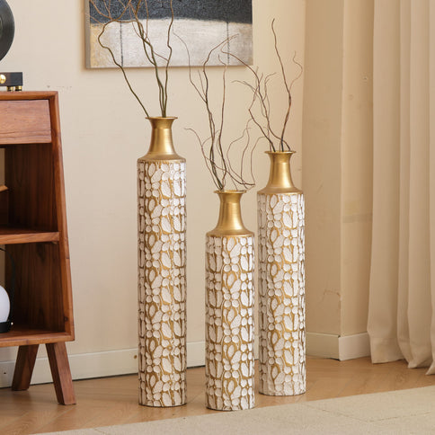 Floor Vases Large Vases Decorative High Vases (Set of 3) For Home Decor Vintage Large Vases Representing Twigs, Twigs Dried Flowers Living Room Antique Worn Vases - Antique White
