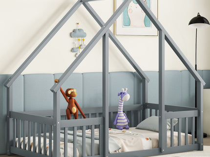 Wood House-Shaped Floor Bed With Fence, Guardrails
