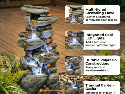 Stacked Rock Waterfall Fountain With LED Lights For Garden - Gray