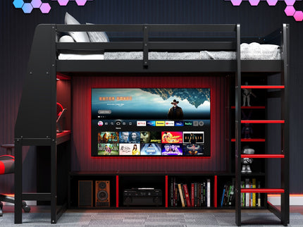 Gaming Loft Bed With Desk, Multi Storage Shelves, LED Lighting, And Hanging Clothes Rack