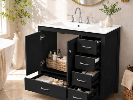 Bathroom Vanity With Sink Combo, 2 Soft Close Doors And 5 Drawers