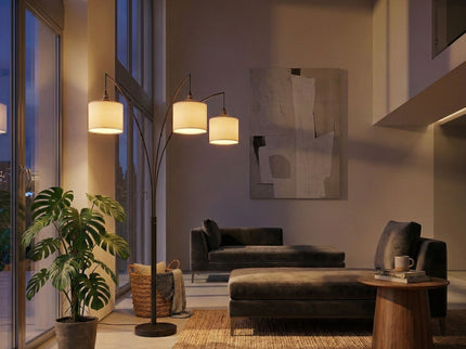 Royal - 3 Arm Arc Floor Lamp, Oil Rubbed Bonze With Linen Shade, 4 Way Rotary Switch - Oil-Rubbed Bronze