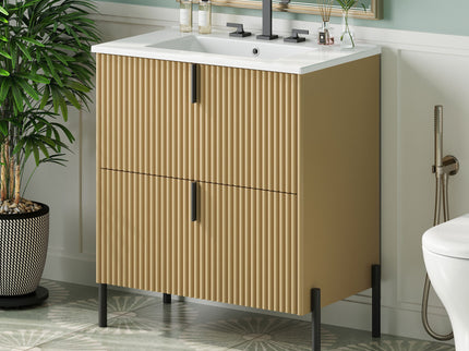Fluted Bathroom Vanity With Ceramic Sink, Freestanding Design