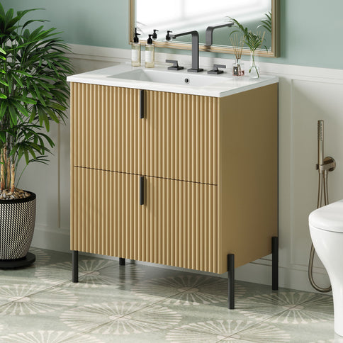 Fluted Bathroom Vanity With Ceramic Sink, Freestanding Design