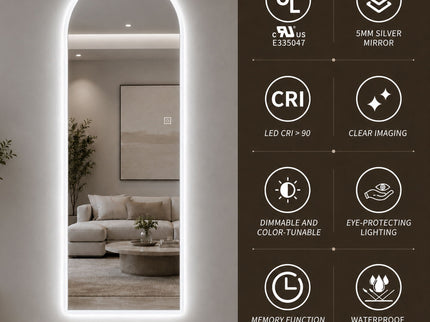65" X 21" Arched LED Full Length Mirror, Wall Mounted Lighted Full Body Mirror With Frosted Edge Lighting, 3 Color Temperatures & Stepless Dimming - Silver