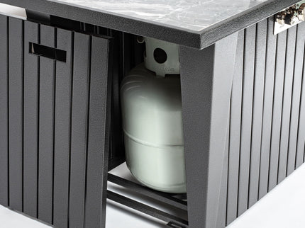 Morden Steel Fire Pit Table With Marble Tile Tabletop, Glass Wind Guard And Lid