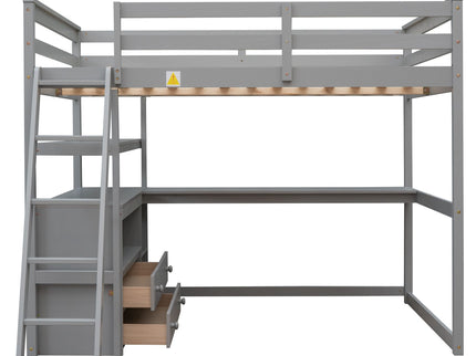 Modern Loft Bed With Built In Desk, Shelves, And 2 Drawers