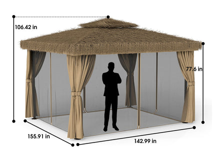 Outdoor Patio Gazebo With Double Canopy, Mosquito Net & Privacy Curtain - Brown