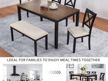 6 Piece Dining Table Set With Bench - Beige / Black / Oak