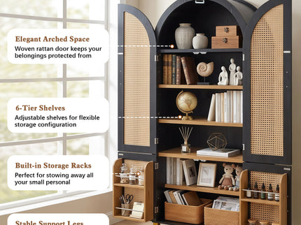 Tall Arched Cabinet With Rattan Doors & Adjustable Shelves
