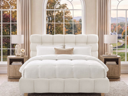 Pula - Queen Platform Bed With Upholstered Headboard, Slat Support, No Box Spring Needed - Ivory