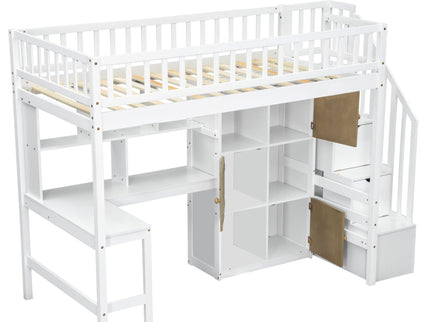 Loft Bed With Built In L Shaped Desk, LED Lights, Storage Shelves, Cabinets, And Staircase