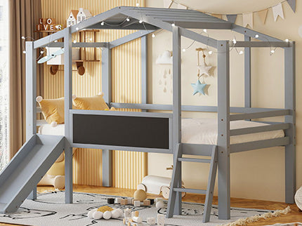 Loft House Bed With Ladder And Slide, With board And Light Strip On The Roof