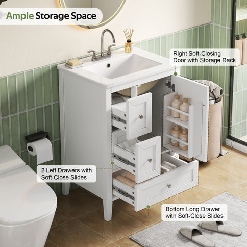 Modern Bathroom Vanity With Sink, Soft Close Drawers & Door, Storage Rack