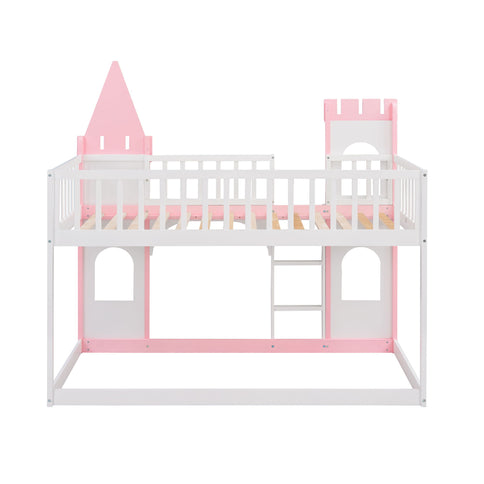 Twin Over Twin Castle Bunk Bed With Ladder - Pink